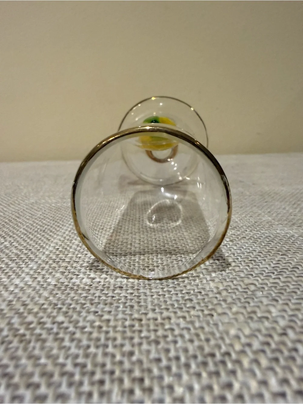 Vintage Art Glass Footed Cordial Glass Lemon Motif Gold Trim 4.5